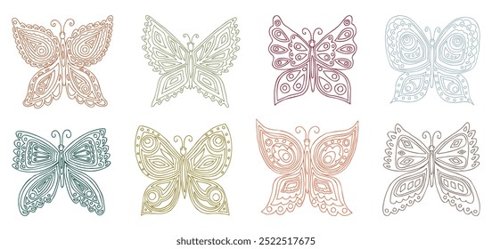 Butterflies decorative abstract various, contour drawings, vector illustration isolated on white