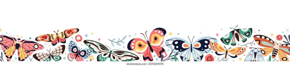 Butterflies, decorative border design. Nature, horizontal edge decoration. Flowers, plants, beautiful flying moths, banner background. Spring and summer exotic colorful decor. Flat vector illustration