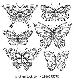 Butterflies design elements set in doodle style. Ornate decorative black and white illustration. Zentangle coloring book page