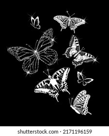 butterflies design. Flying white butterflies on a black background. Vector illustration