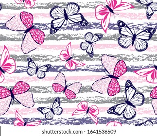 Butterflies design on grunge pattern lines background for textile print