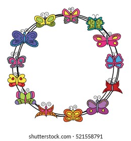 Butterflies design set. Cartoon frame border hand draw doodle vector illustration