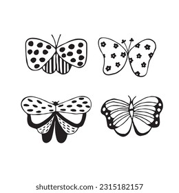 Butterflies doodle set. Black outline. Vector hand drawn illustration, butterfly silhouette in trendy retro style. Stickers, tattoos, postcards. Vector illustration
