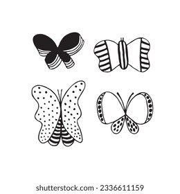 Butterflies doodle set. Black outline. Vector hand drawn illustration, butterfly silhouette in trendy retro style. Stickers, tattoos, postcards. Vector illustration