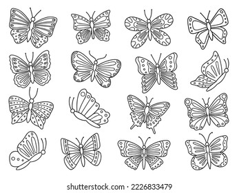 Butterflies doodle set. Flying insects in sketch style. Hand drawn vector illustration isolated on white background