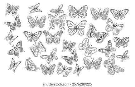 Butterflies doodle set Flying insects in sketch style