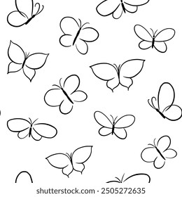 Butterflies, doodle, sketch, seamless pattern, monochrome sketch, hand drawn vector