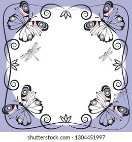 butterflies and dragonflies, decorative frame, linear pattern, circle in the center, hand vector. EPS 8