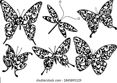 Butterflies and dragonflies with ornament. Silhouettes  for paper cut on white background