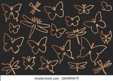 Butterflies and dragonflies outline silhouettes. Basis graphics 