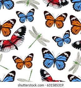 Butterflies and dragonflies seamless pattern, vector background. Bright multicolored insects on a white backdrop. For fabric design, wallpapers, wrappers, print, decorating