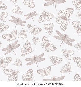 Butterflies and dragonflies seamless pattern. Vintage background. Vector illustration.