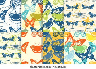 Butterflies and Dragonflies. Set of seamless patterns. Insect wallpaper. Vector illustration.