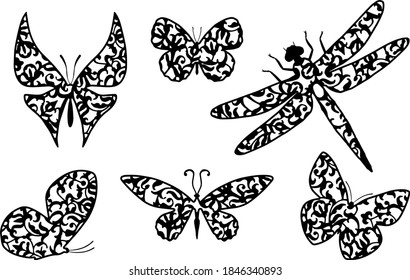 Butterflies and dragonflies silhouettes with ornament. Graphics for paper cut on white background