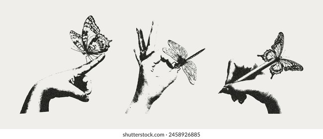 Butterflies, dragonfly, hands with monochrome vintage photocopy effect. Y2K style with vintage undertone elements. Vector illustration of grunge punk.