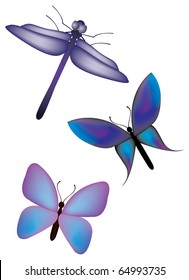 Butterflies and dragonfly set. Vector file.