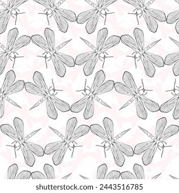 Butterflies dragonfly silhouette vector seamless pattern background for textile, fabric, wallpaper, scrapbook. Insects with wings drawing for surface design in pastel color.