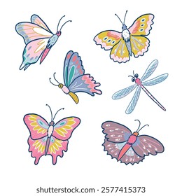 Butterflies and dragonfly vector illustartions set.