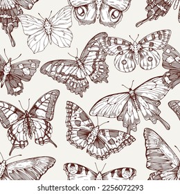 Butterflies drawing print, seamless pattern. Endless repeating background with flying winged moths. Printable repeatable texture design for fabric, textile. Hand-drawn detailed vector illustration