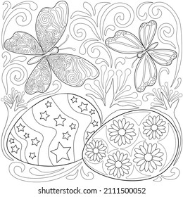 Butterflies, Easter eggs, swirl pattern, flowers, white background. Colouring page, line art, vector.