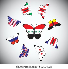Butterflies with flags of countries. Group of Eight and Syria