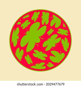 Butterflies flat design or beetles isolated vector fly inside a pink closed pattern circle in nature texture background. abstract illustration magnifying glass cartoon icon graphic. green wings art 