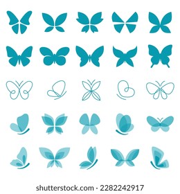 Butterflies flat icons set. Abstract hand drawn and contemporary line art insect design elements. Decorative template. Color isolated illustration