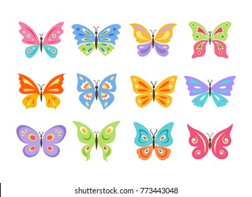 Butterflies flat style icons set. Colorful butterflies isolated on white background.