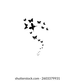 Butterflies in Flight Silhouette Set – A collection of black butterfly vector illustrations gracefully soaring against a white background. Ideal for graphic design, web, and mobile applications.

