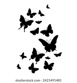 Butterflies flock. Cute flying butterfly group summer insects with wings in flight, flying butterflies. Winged exotic various moth flock vector illustration. Fluttering natural creatures