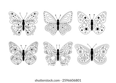 Butterflies with floral, botanical and abstract ornament on wings. Whimsical insects isolated illustration top view. Black outline butterflies vector set. Hand drawn doodle elements flowers, leaves.