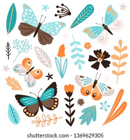 Schmetterlinge und florale Elemente, Vektor einzeln auf weißem Hintergrund. Schmetterling anmutig, botanische Frühlingsgrafik
