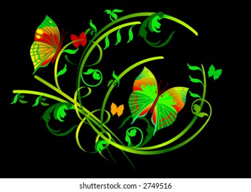 Butterflies and Floral Scrolls On Black Background