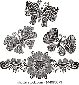 Butterflies flower pattern isolated black and white vector illustration
