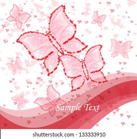 Butterflies and Flower Sakura Blossom. Pink Holiday Background. Vector