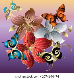Butterflies and flowers 3d pattern. Vector colorful illustration. Floral background with bright textured dotted butterflies, flowers, leaves, swirls. Surface texture. Ornate decorative vintage design.