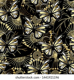 Butterflies and flowers 3d vector seamless pattern. Abstract ornamental floral background. Beautiful gold 3d dandelion flowers, dots, leaves, vintage decorative ornaments. Surface endless texture. 