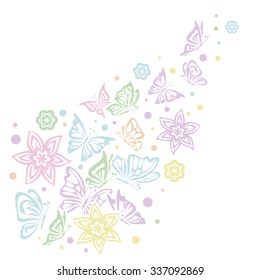 Butterflies and flowers background, silhouettes isolated on white background