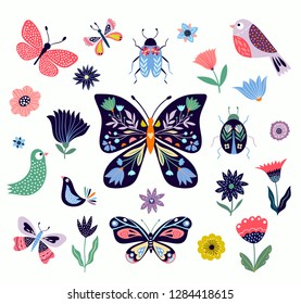 Butterflies, flowers and birds collection with decorative design, different elements isolated on white