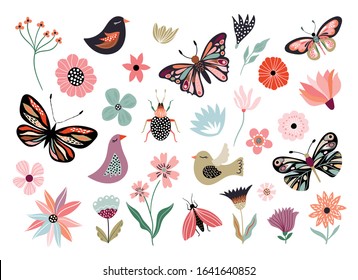 Butterflies, flowers and birds hand drawn collection of different element, isolated on white