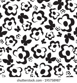 Butterflies and flowers. Black and white floral seamless texture. Wallpaper pattern vector