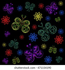 Butterflies and flowers. Bright pattern on a black background.