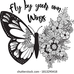 Butterflies And Flowers  Design  Style Detailed A Sketch Tatoo Black And White - Vetorial Spring Summer Sticker And Etc