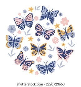 Butterflies and flowers doodle set. Flying insects in sketch style. Hand drawn vector illustration isolated on white background