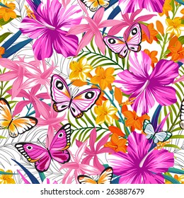 Butterflies and flowers exotic pattern, graphic background.