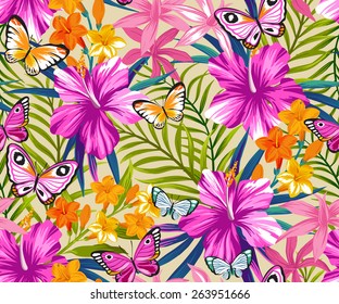 Butterflies and flowers exotic pattern, graphic background.