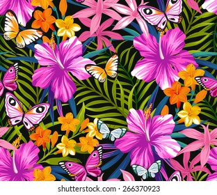 Butterflies and flowers exotic pattern, graphic background.