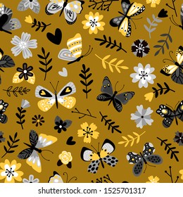 Butterflies and flowers flat vector seamless pattern. Tropical insects and plant branches decorative background. Exotic bugs and garden blossoms texture. Spring retro textile, fabric design