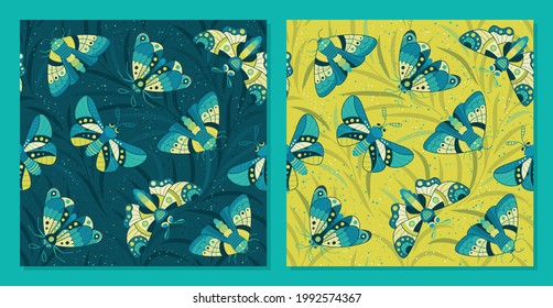 Butterflies and flowers, garden - set of vector Seamless patterns in a flat style. Spring mood. Background for fabric, textile, wallpaper, poster, web site, card, gift wrapping paper 
