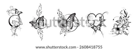Butterflies and flowers graceful compositions set isolated on white background. Drawings collection for tattoo, card design, book pages, phone case, stickers, cups, bags, wall art, t-shirt printing.